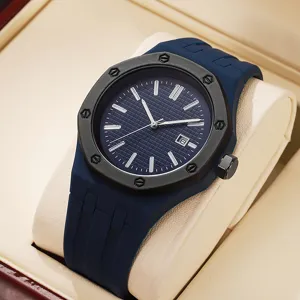 Modische Luxus Quarzarmbanduhr mit blauem Zifferblatt, schwarzer achteckiger Lünette und Armband.