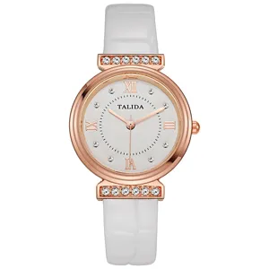 Women's quartz fashion watch with white strap rose gold case and sparkling crystal rhinestones.