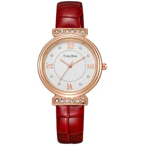 Elegant women quartz watch with red leather strap rose gold case and crystal markers