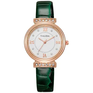 Women quartz watch green leather strap rose gold case elegant fashion wrist watch for ladies