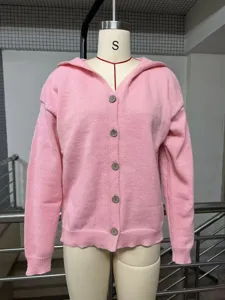 Pink knitted hooded cardigan sweater with wooden buttons for women casual autumn wear