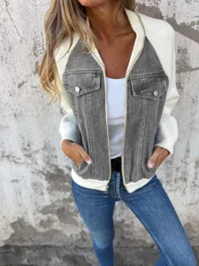 Damen Farbblock Denim Strickjacke Reißverschluss Freizeit Langarm Oberbekleidung Mantel Detail.