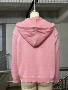 Pink knit hooded cardigan for women, casual long sleeve sweater, stylish autumn winter outerwear.