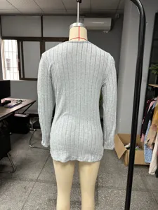 Γυναικείο Γκρι Ριμπ Μακρυμάνικο Top Casual Φθινόπωρο Μόδα Πουλόβερ Μπλούζα Στυλ