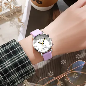 Elegante reloj de cuarzo para mujer con correa de silicona morada y esfera blanca.