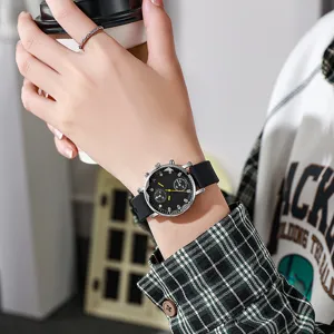 Reloj de cuarzo elegante para mujer con esfera negra y correa de silicona cómoda.