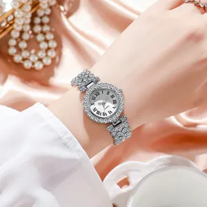 Elegant rhinestone quartz watch for women featuring a stylish Roman numeral dial.