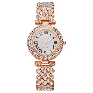Detailed view of women quartz watch in rose gold, featuring rhinestone bezel and Roman numerals.