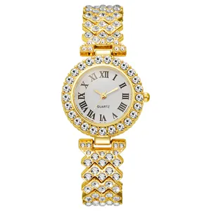 Luxury Women Rhinestone Quartz Watch Gold Roman Numeral Bracelet Wristwatch Elegant Gift