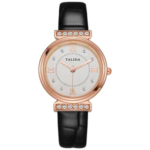 Women quartz fashion watch with black leather strap rose gold crystal bezel and white dial