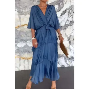 Dames Casual V-hals Vleermuismouw Gelaagde Chiffon Maxi Jurk Effen Kleur Lange Jurk