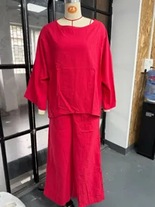 Comfortable cotton-linen blend batwing sleeve top and wide-leg pants set for women casual wear