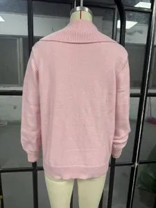 Women Autumn Winter Solid Color Knitted Lapel Sweater Casual Long Sleeve Pullover Top