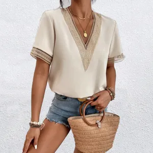 Women's summer V-neck short sleeve blouse with delicate lace trim detail, casual elegant top.