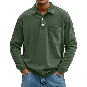 Herren einfarbig langarm Revers Polohemd mit Brusttasche und Knopfleiste vorne elegant.