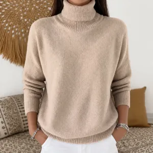 Women solid color casual knit turtleneck pullover sweater detail view cozy winter daily wear