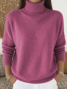 Women solid color casual knit turtleneck pullover sweater long sleeve autumn winter warm top