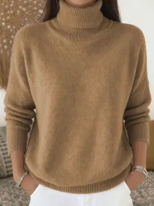 Womens solid color casual knitted turtleneck sweater, classic autumn winter long sleeve warm pullover top.