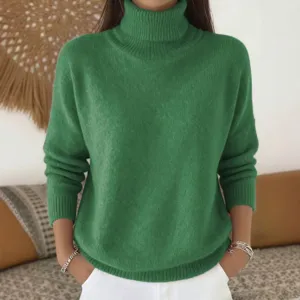 Women green turtleneck knit sweater detail, cozy long sleeve solid pullover knitwear.