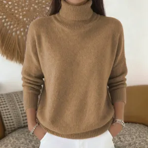Women solid color casual knit turtleneck pullover sweater autumn winter fashion apparel