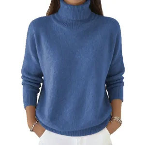 Women's solid color turtleneck knit sweater, casual long sleeve pullover top for autumn winter.