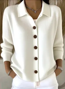 Damen einfarbiger Revers Strickjacke Pullover mit Knöpfen für Herbst Winter Freizeit Mode