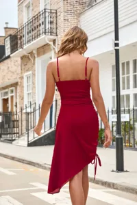 Satin cowl neck side drawstring irregular slip dress for women, elegant summer party wear.