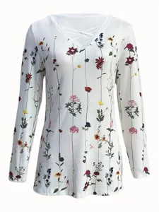 Women Casual V-Neck Cross Long Sleeve Floral Print T-Shirt Elegant Autumn Fashion Top