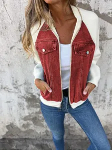 Damen Casual Kapuze Patchwork Jacke Langarm Reißverschluss Tasche Warm Fleece Wollmischung Mantel Oberbekleidung
