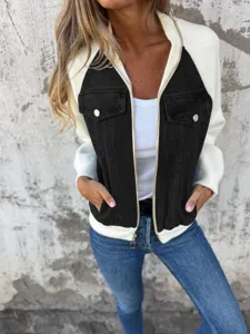 Nahaufnahme des stilvollen Kontrastfarbe Patchwork Jacke fuer Damen und Maedchen.