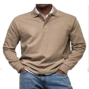 Men's casual long sleeve khaki polo shirt with button-down collar for comfortable daily wear.