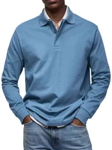 Men's casual long sleeve polo shirt lapel button solid color versatile top everyday wear