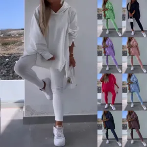 Women Casual Solid Color Hooded Sweatshirt And Skinny Pants Two Piece Set Long Sleeve Split Hoodie Activewear Tracksuit