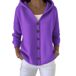 Purple hooded knit cardigan with buttons for women, casual autumn winter fashion outerwear.