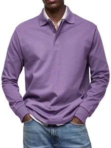 Men's casual long sleeve polo shirt with button lapel design, stylish purple pullover top.