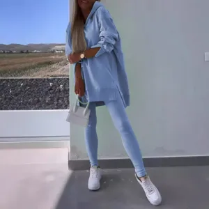 Women casual split hooded sweatshirt and tight leggings matching two piece set light blue