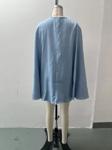 Vestito blazer mantella azzurro donna autunno colore unito schiena elegante stile ufficio chic