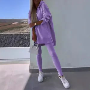 Women Purple Casual Hooded Sweatshirt And Leggings Two Piece Sportswear Activewear Outfit
