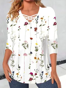 Women floral print long sleeve T-shirt with stylish cross V-neck design for autumn casual daily.