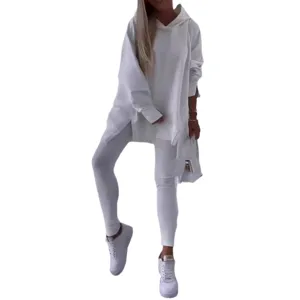White casual sportswear split hooded sweatshirt and leggings two piece set for women.