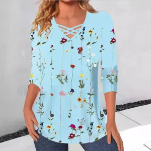 Casual Long Sleeve Floral Print V-Neck Criss-Cross T-Shirt for Women Autumn Apparel