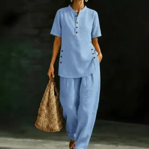 Casual linen two piece set for women featuring short sleeve button shirt and wide leg pants.
