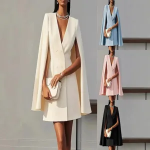 Donna Elegante Collo a V Doppiopetto Mantella Abito da Soggiorno Slim Fit Manica Lunga Breve Abito da Festa Ufficio