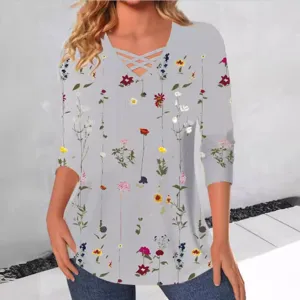Casual long sleeve t-shirt with criss-cross v-neck and cute floral print for women autumn.