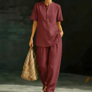 Women Burgundy Linen Two Piece Set Short Sleeve Button Up Tunic and Wide Leg Pants Outfit