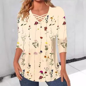 Casual long sleeve floral print T-shirt for women featuring a chic cross V-neck design.