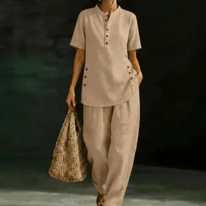 Women linen two piece set short sleeve button shirt and loose wide leg trousers casual outfit