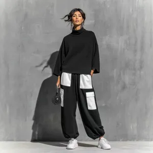 Women's autumn winter high neck sweatshirt and contrast cargo pants two piece set main view.