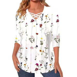 Women long sleeve floral print T-shirt casual criss cross V-neck pullover top for autumn.