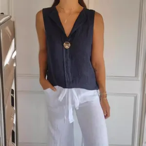 Women's stylish sleeveless linen blouse faux cardigan v-neck casual summer shirt top